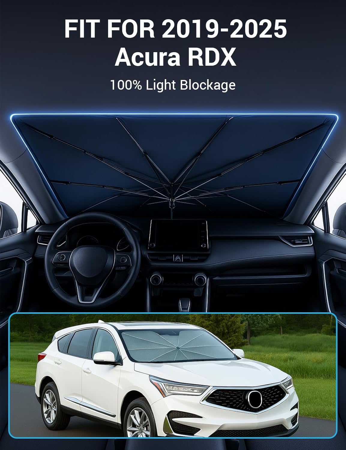Proadsy Windshield Sun Shade Umbrella for Acura RDX 2019-2025 2026 Foldable Car Umbrella Sunshade with Soft TPU Handle Spring Structure Crystal Cooling Material Protect Car from Rays & Heat