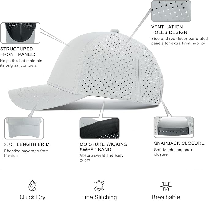 VOBOOM Men Quick Dry Baseball Cap Laser Cut Mesh Ball Curved Brim Snapback Hat