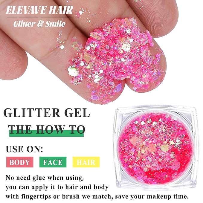 Body Glitter Face Glitter, Hair Glitter for Kids, 12 Shapes Fine Chunky Glitter Gel for Women Girls Makeup Sparkles Party Mermaid Sequins Rave Accessories Singer Concerts Festival (Pink Scheme)