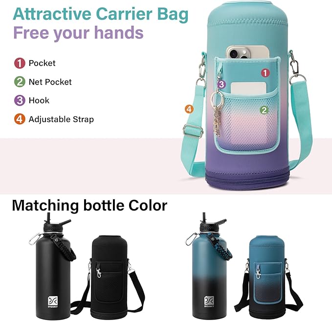 Insulated Water Bottle | Thickened Stainless Steel for Gym and Hiking with Straw, Carrier Bag, Handle Strap | BPA-Free 87 oz