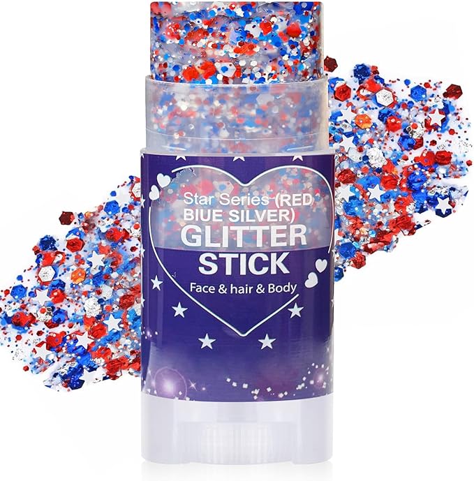 Red White Blue Hair Glitter Stick for Kids,Patriotic Face Body Glitter,4th of July Accessories,Fourth of July Outfits for Women,Patriotic Day Waterproof Chunky Glitter Makeup