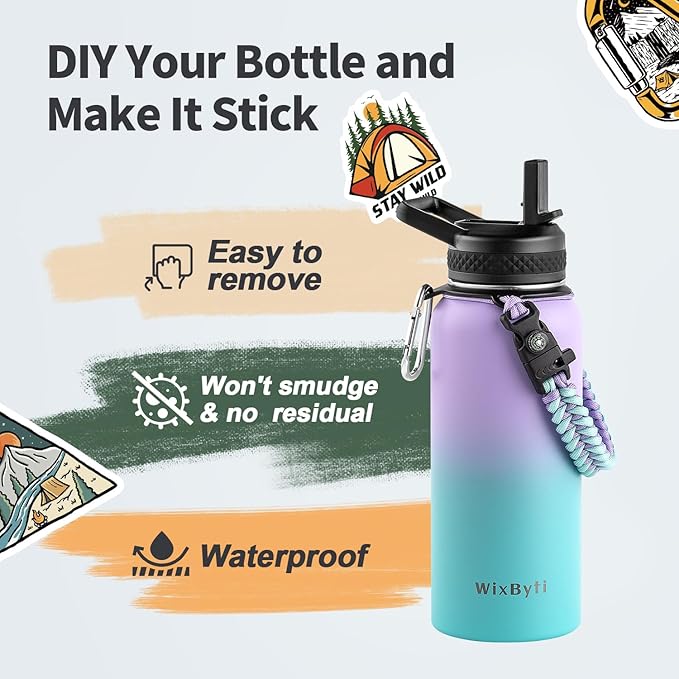 32 oz Insulated Water Bottle with Straw (Cold for 48 Hrs), Stainless Steel Triple Wall Vacuum Sports Water Jug, Leakproof Hydro Cup Flask with Paracord Handle & Straw Spout Lids & DIY Stickers