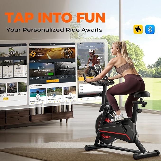 Exercise Bike, Adjustable Magnetic Resistance Stationary Bikes for Home with App Compatible, Indoor Cycling Bike with 300lbs Capacity Compact, Extra Comfort Seat & Tablet Mount