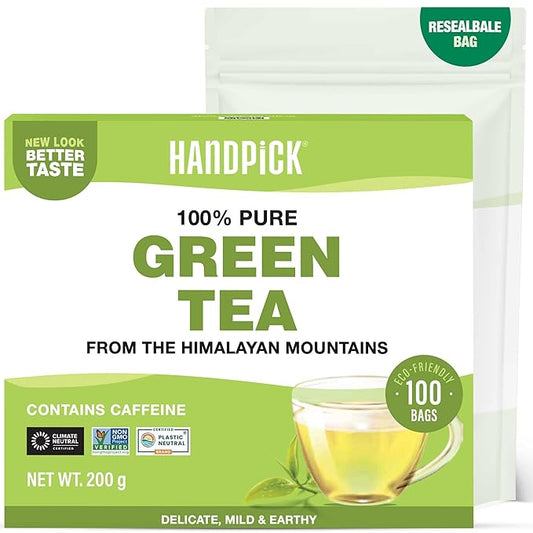 HANDPICK, Green Tea Bags - 100 Eco-Friendly Tea Bags | Resealable Pack for Freshness | Delicate & Flavory | Direct From India