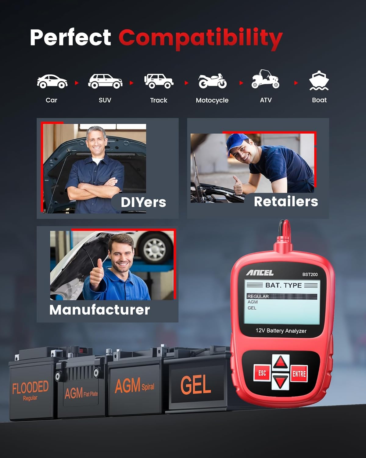 ANCEL BST200 Car Battery Tester 12V Automotive, 100-1100 CCA Battery Load Tester Tool, Auto Battery Analyzer Digital Tester for Car Truck Motorcycle SUV Boat and More