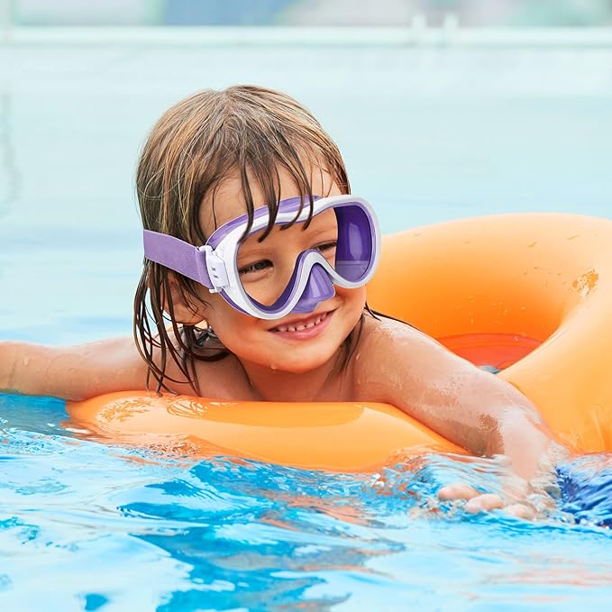 Kids Swim Goggles 180° Snorkel Diving Mask with Nose Cover, Anti-Fog Kids Swimming Goggles with Elastic Fabric Strap for Kids Boys Girls