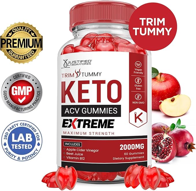 Justified Laboratories (5 Pack Trim Tummy Keto ACV Gummies Extreme 2000MG Trim Tummy Keto Gummies Apple Cider Vinegar Formulated with Pomegranate Beet Juice Powder B12 Vegan Non GMO 300 Gummys
