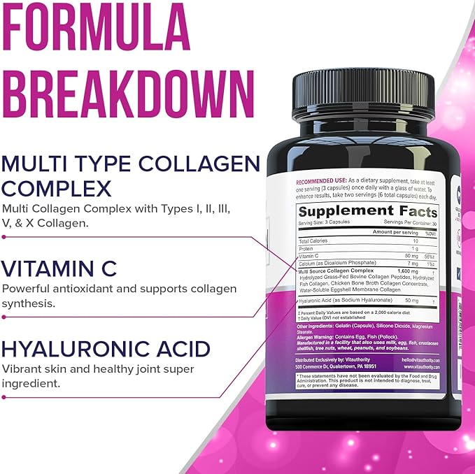 Multi Collagen Peptides Capsules for Women - Hydrolyzed Collagen for Women Pills with Types I II III V & X Plus Vitamin C & Hyaluronic Acid for Beautiful Hair Skin and Nails - 30 Servings