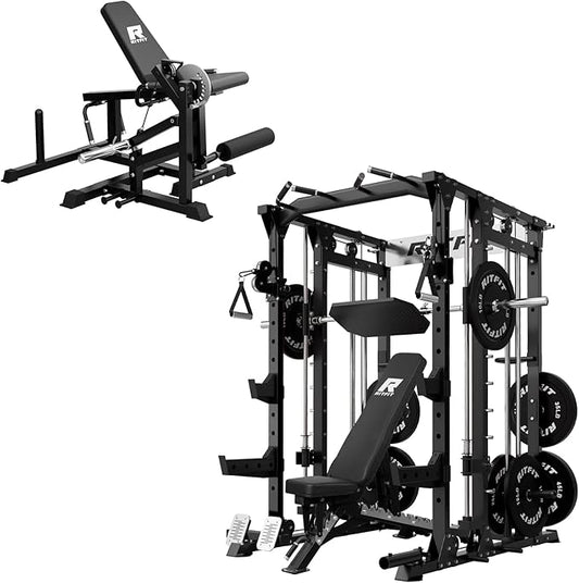 RitFit Smith Machine Power Cage with LAT Pulldown & Cable Crossover, All-in-One Power Rack Home Gym System with Leg Press Attachment & Accessories