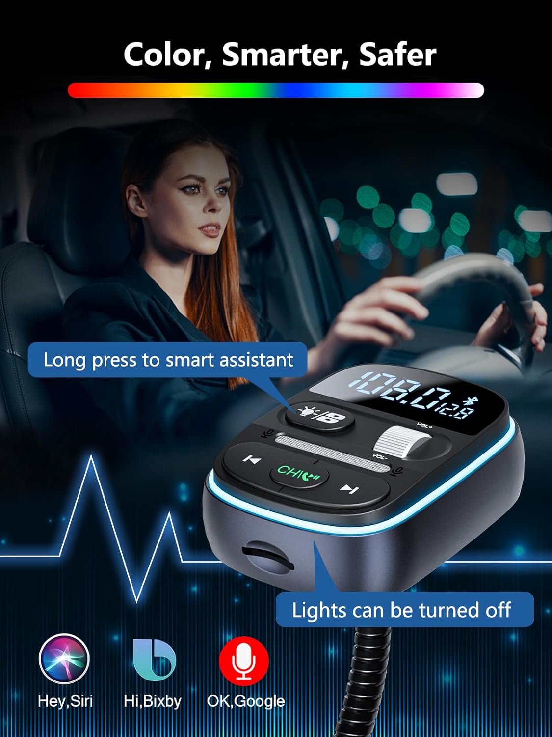 LENCENT Bluetooth FM Transmitter PD 30W, Bluetooth Car Adapter with QC3.0 Fast Charger, Hi-Fi Bass Music, Wireless Radio Receiver Hands-Free Calling, [Color Light]