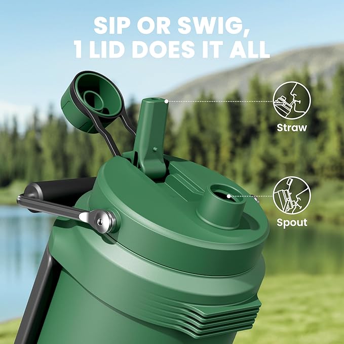 64 oz Insulated Water Bottle for Camping: Meoky Triple Wall Vacuum Stainless Steel Half Gallon Water Jug - Top and Side Handles, 2-in-1 Straw and Spout Lid, Cold for 36 Hrs, Leak Proof, BPA Free (Fir)