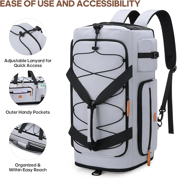 Gym Bag for Men and Women with Shoe & Laptop Compartment, 3-in-1 Sports Travel Duffel Bag Anti-Theft Weekender Carry-On Backpack for Airplane & Workout, Overnight Travel Bag,35L (Light Grey, Medium)