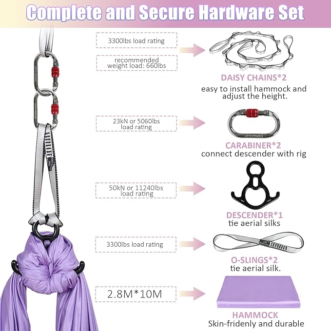Aerial Silks Kit & Aerial Yoga Hammock - 11Yd Premium Fabric Hardware - Easy Setup for Flying Yoga, Aerial Swing & Fitness - Supports Up to 14ft Rigging