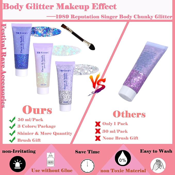 Body Glitter Face Glitter Gel: Singer Concerts Disco Festival Rave Accessories Face Glitter Makeup 150ml Chunky Sequins Mermaid Face Body Hair Glitter Gel (White&Silver&Blue)