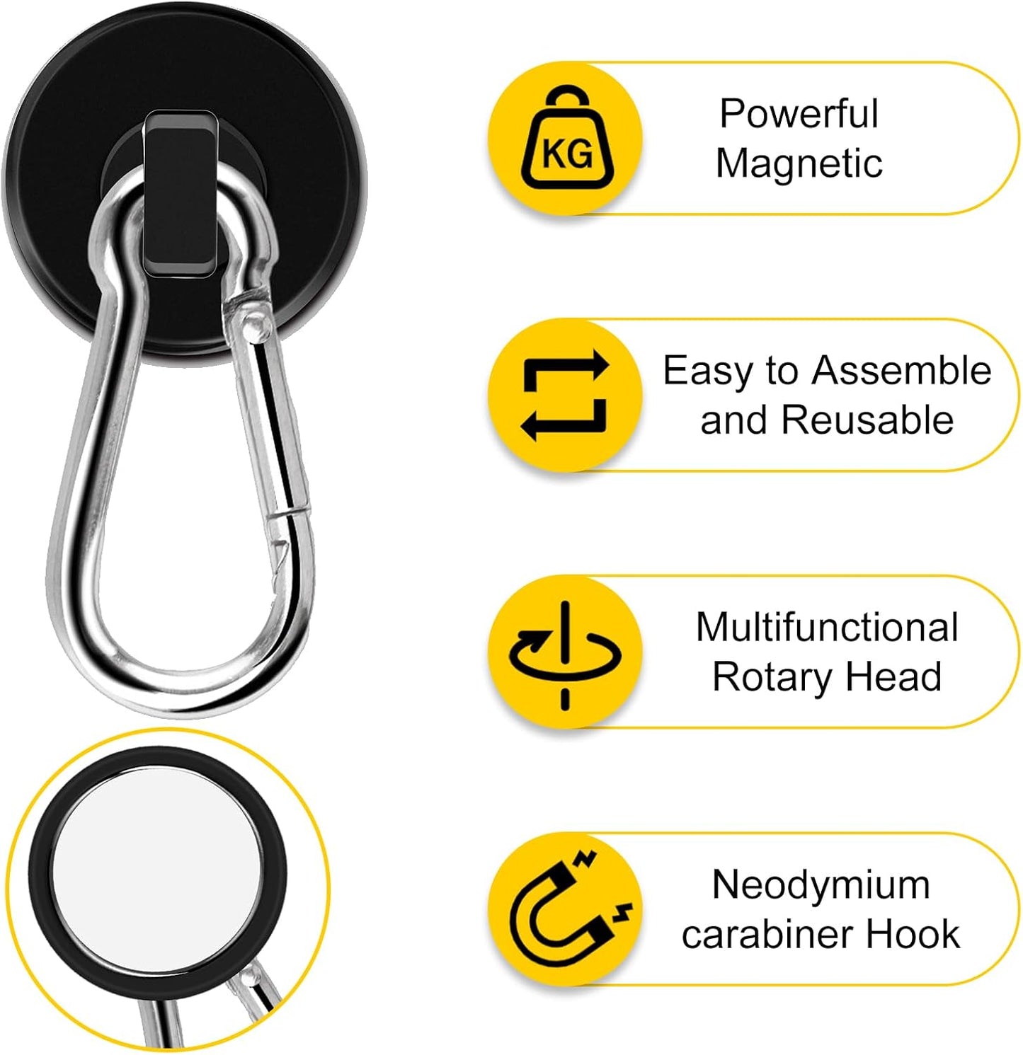 DIYMAG Magnetic Hooks, 70LBS Heavy Duty Neodymium Magnetics with Swivel Carabiner Hook,Great for Your Refrigerator and Other Magnetism Surfaces, Pack of 6