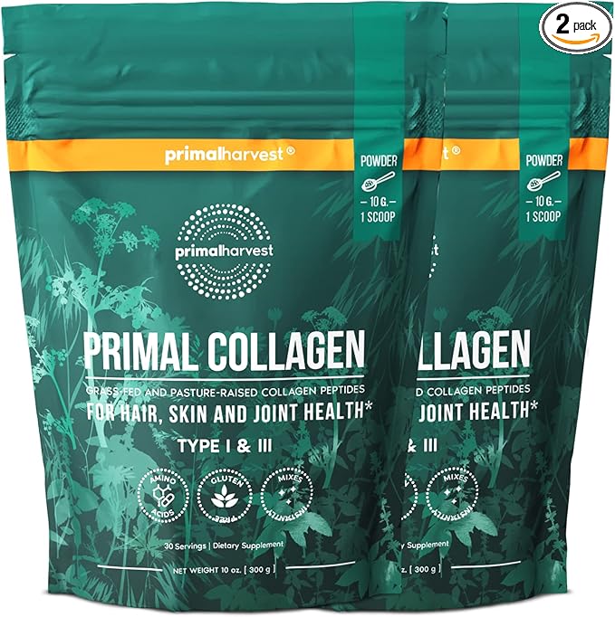 Primal Harvest Collagen Powder for Women or Men Primal Collagen Peptides Powder Type I & III, 10 Oz Collagen Protein Powder for Hair, Skin, Nails (Two Pack, Unflavored)
