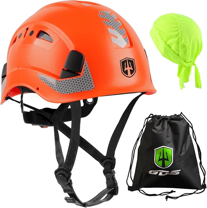 GREEN DEVIL Safety Helmet Hard Hat with Chin Strap Vented Lightweight Adjustable Hardhat for Men Women with Hi-Viz Design Ideal for Tree Climbing Work at Height