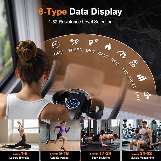 Stationary Bike, Spin Bike with 32 Levels of Adjustable Magnetic, Exercise Bike for Home with Exclusive App, Low Noise Indoor Bike, Cycling Bike with Comfortable Seat Cushion
