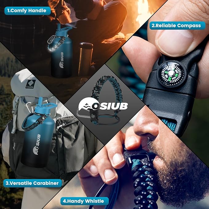 Insulated Water Bottle 64 oz, Triple Wall Vacuum Stainless Steel(Cold for 48 Hrs),Leak Proof & BPA-Free,Half Gallon Water Bottle with Reflective Paracord & Flip Straw for Sports & Travel, Indigo-Black