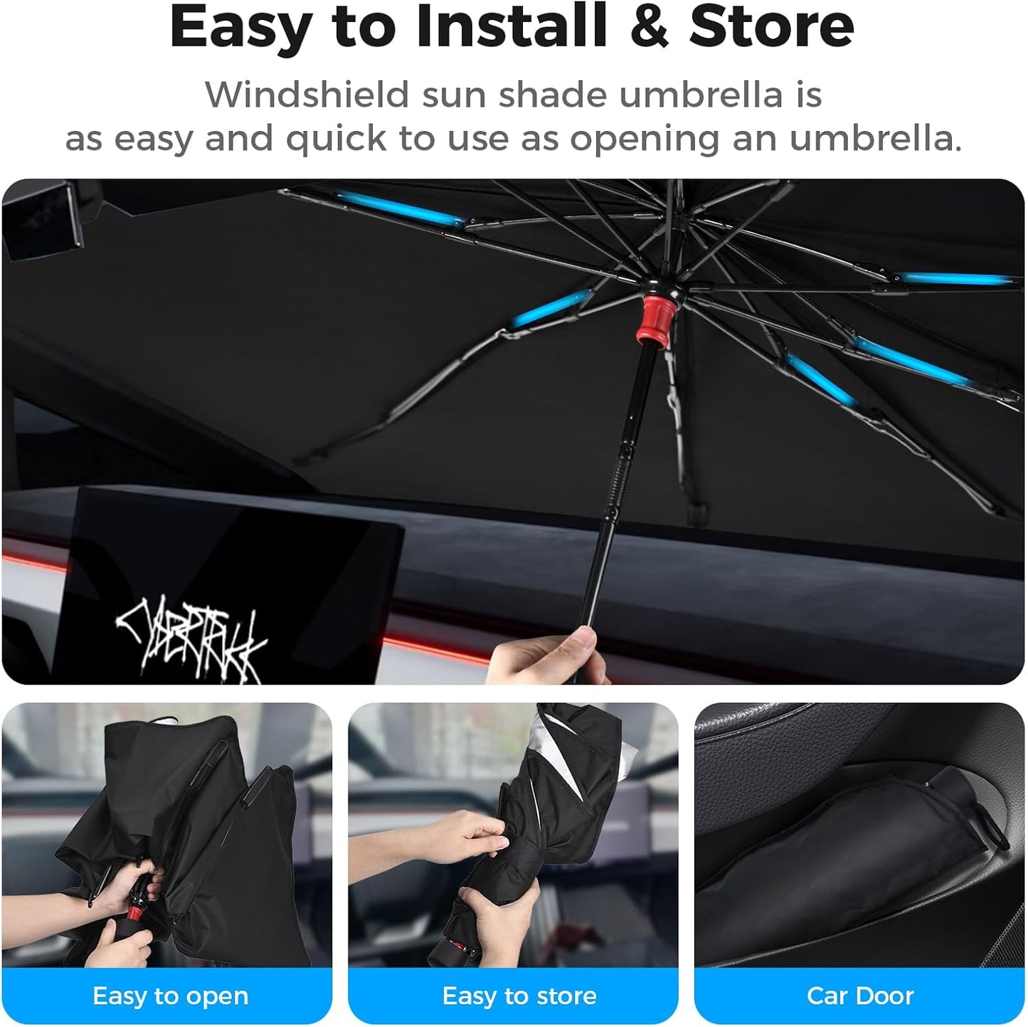 [2025 Upgrade] Cybertruck Windshield Sun Shade - Sunshade Umbrella for Tesla Cybertruck 2024 2025, Thickened Titanium Silver UV Block Coating, Front Window Heat Insulation Protection, 54''x 60''x 61''