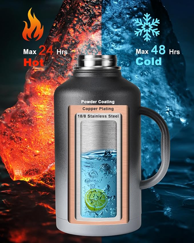 64 oz Insulated Water Bottle with Straw and Lid, Half Gallon Stainless Steel Cup with Handle,Leakproof Metal Travel Jug Flask Mug Tumbler Cup With Carry Pouch and Brush,Keep Cold & Hot,Grey