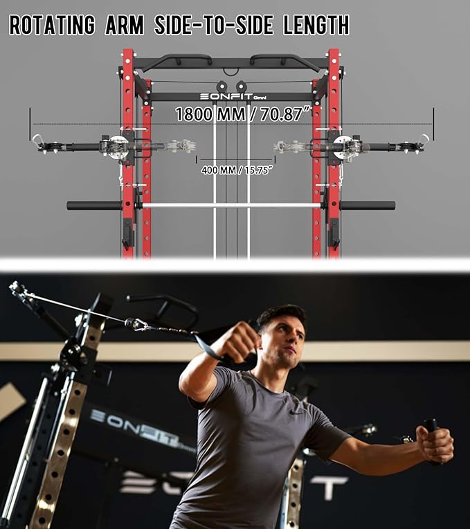 Eonfit E3 Smith Machine with 360°Rotating Arm for Home Gym Equipment, Multi-Function Power Cage Squat Rack with Cable Crossover LAT Pulldown Pulley System All in One