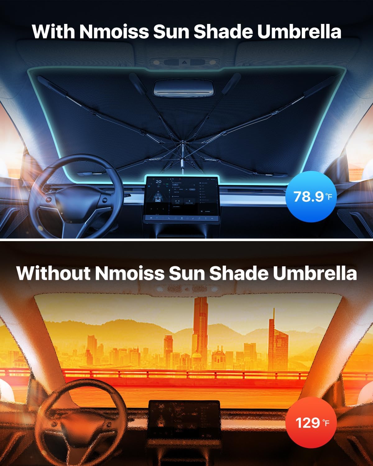 Upgrade Nmoiss Windshield Sun Shade Umbrella for Car Vinyl Coating Protect Car from Sun Rays & Heat Damage Keep Cool and Protect Interior Small (53" L x 29" W)