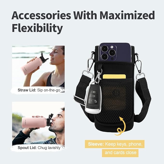 32 oz Insulated Water Bottle with Straw (Cold for 48 Hrs), Stainless Steel Triple Wall Vacuum Sports Water Jug, Leakproof Hydro Cup Flask with Paracord Handle & Straw Spout Lids & DIY Stickers