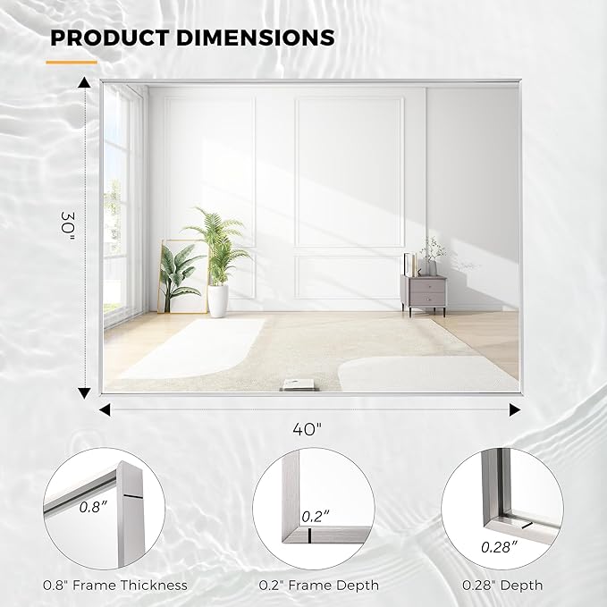 30x40 Inch Nickel Bathroom Mirror for Wall, Aluminum Frame Rectangle Rectangular Vanity Mirror, Modern Large for Bedroom, Living Room, Horizontal or Vertical