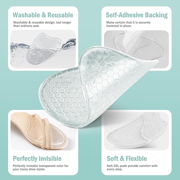 Metatarsal Pads for Women, Ball of Foot Cushions, Heel Inserts, High Heel Comfort Pads (2 Pairs), Anti Slip, Invisible Design