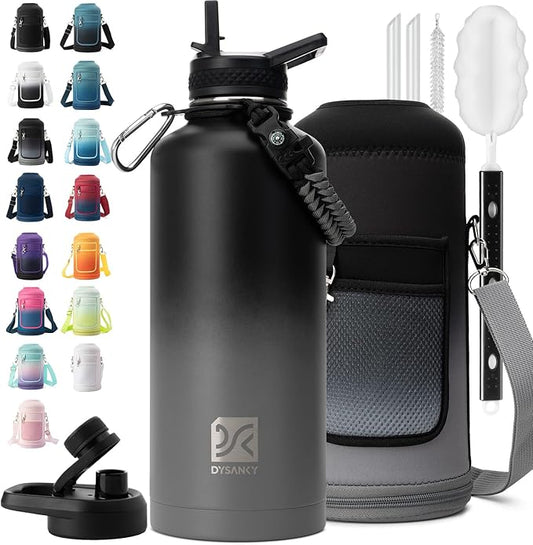 Insulated Water Bottle | Thickened Stainless Steel for Gym and Hiking with Straw, Carrier Bag, Handle Strap | BPA-Free 87 oz