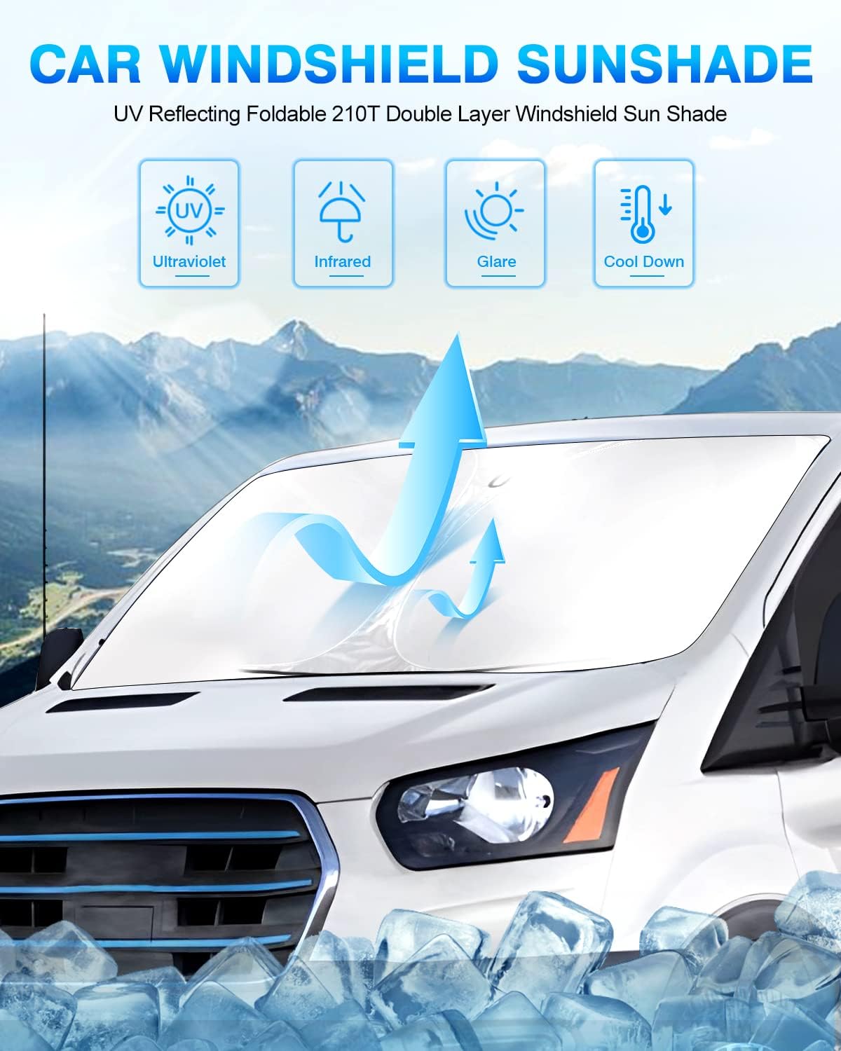 KUST Windshield Sun Shade for Ford E-Transit 2022 2023 2024 2025 2026 Window Shade Sun Visor Cover Foldable Blocks UV Rays Keep Car Cooler