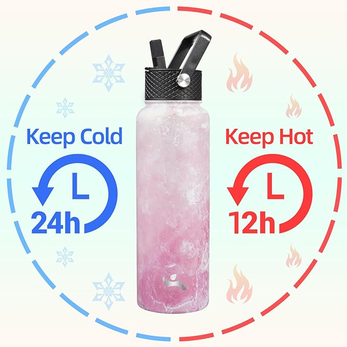 40oz Insulated Water Bottle Stainless Steel Sport Bottles with 3 Lids,Marble Blossom