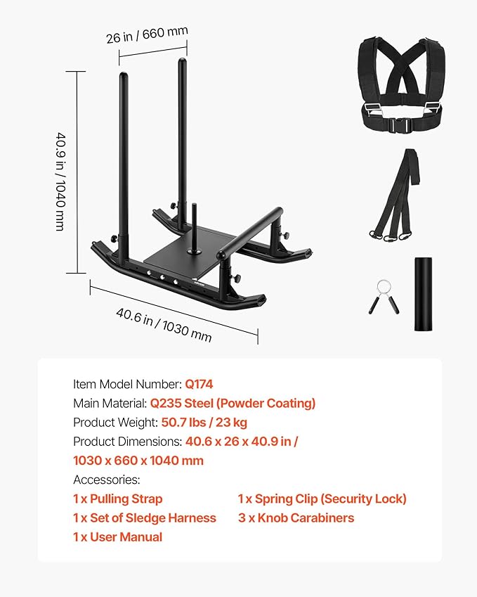 VEVOR Weight Sled, Steel Power Sled, Fitness Strength Training Sleds for Athletic Exercise Speed Improvement, Workout Fitness Equipment with Handle, Compatible with 1/2 in Weight Plates, Black