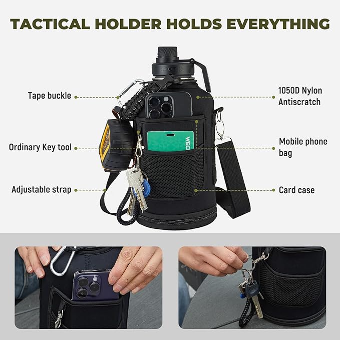 Half Gallon Insulated Water Bottle, 64 oz Triple Wall Stainless Steel Flask, Keeps Drinks Cold for 48 Hrs Leak-Proof & BPA-Free Half Gallon Jug with Paracord Handle, Straw & Spout Lids(2 pack,Black)