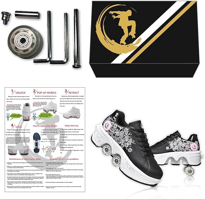 Roller Skate Shoes for Women Four Rounds Children's Roller Skates Shoes That Turn into Rollerskates Sneakers Outdoor Light Shoes with Wheels for Girls/Boys