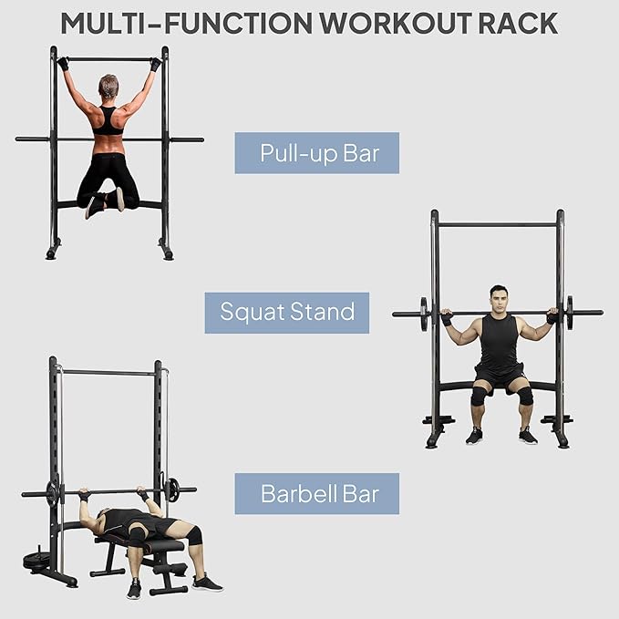 Soozier Squat Rack with Pull-Up Bar, Adjustable Power Rack with Barbell Bar, Multi-Functional Bench Press Rack for Home Gym Strength Training