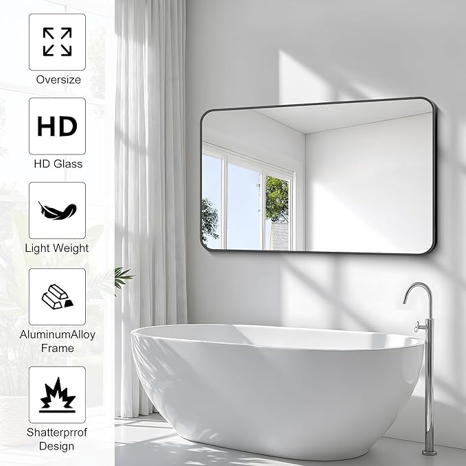 30x48 inch Bathroom Mirror,Black Rectangle Mirror,Wall Mounted Bathroom Frame Vanity Mirror with Round Corner for Bedroom Living Room, Entryway Hangs Horizontal or Vertical