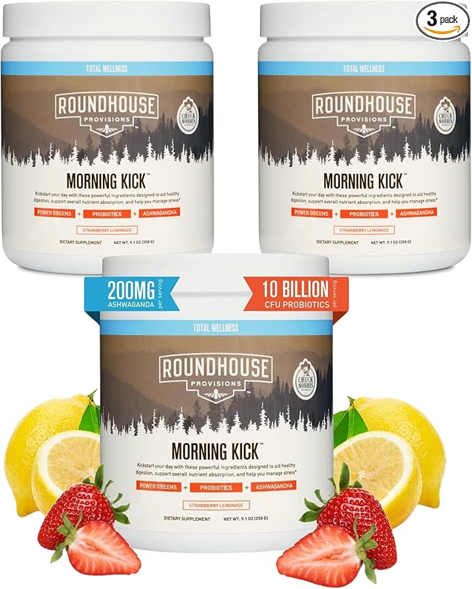 ROUNDHOUSE PROVISION Morning Kick, Zero Sugar Greens Superfood Powder Supplement with Ashwaganda, Collagen, Probiotics, Debloat Drink, (3 Pack, Strawberry Lemonade) by Chuck Norris