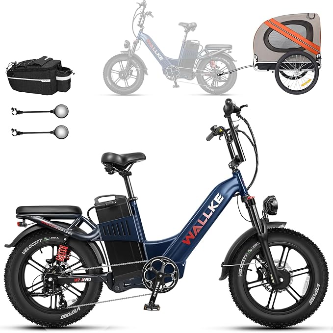 W Wallke H7 AWD Dual Motor Electric Bike for Adult, 48V 60Ah/40Ah Removable Battery, Long Range 32-34MPH Fast Ebike, 20" Fat Tire Mountain Offroad All Terrain Full Suspension E-Bicycle, UL2849 List