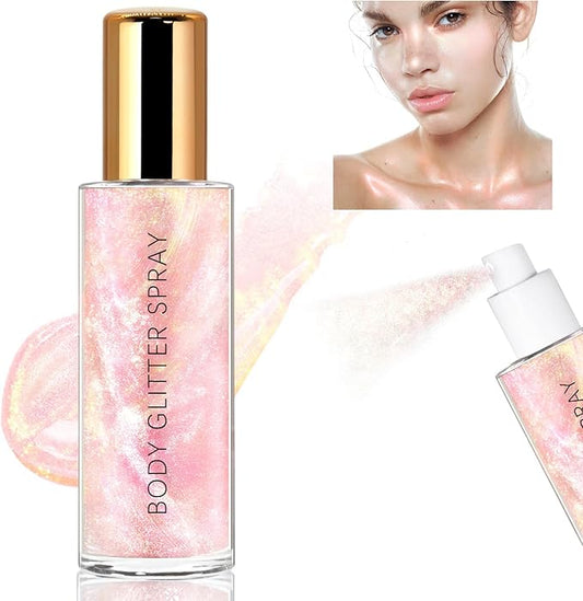 Body Glitter Spray, Moisturizing Bronze Body Shimmer Luminizer Glow Illuminator Quick-Drying and Non-Sticky Liquid Highlighter Spray for Face Hair Glitter, 60ML -Pink