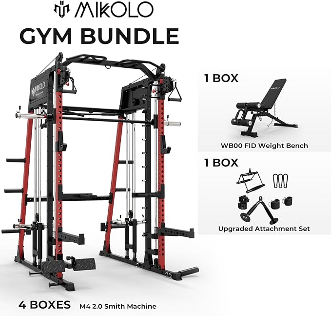 Mikolo Smith Machine, 2200lbs Squat Rack with LAT-Pull Down System & Cable Crossover Machine, Training Equipment with Leg Hold-Down Attachment