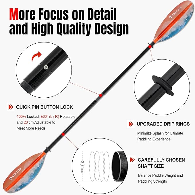 Kayak Paddles with Fiberglass Shaft and Reinforced PP Blade, Floating Adjustable Kayaking Oars, 3 Piece, 220-240 cm/86-94 Inches, 240-260 cm/94-102 Inches