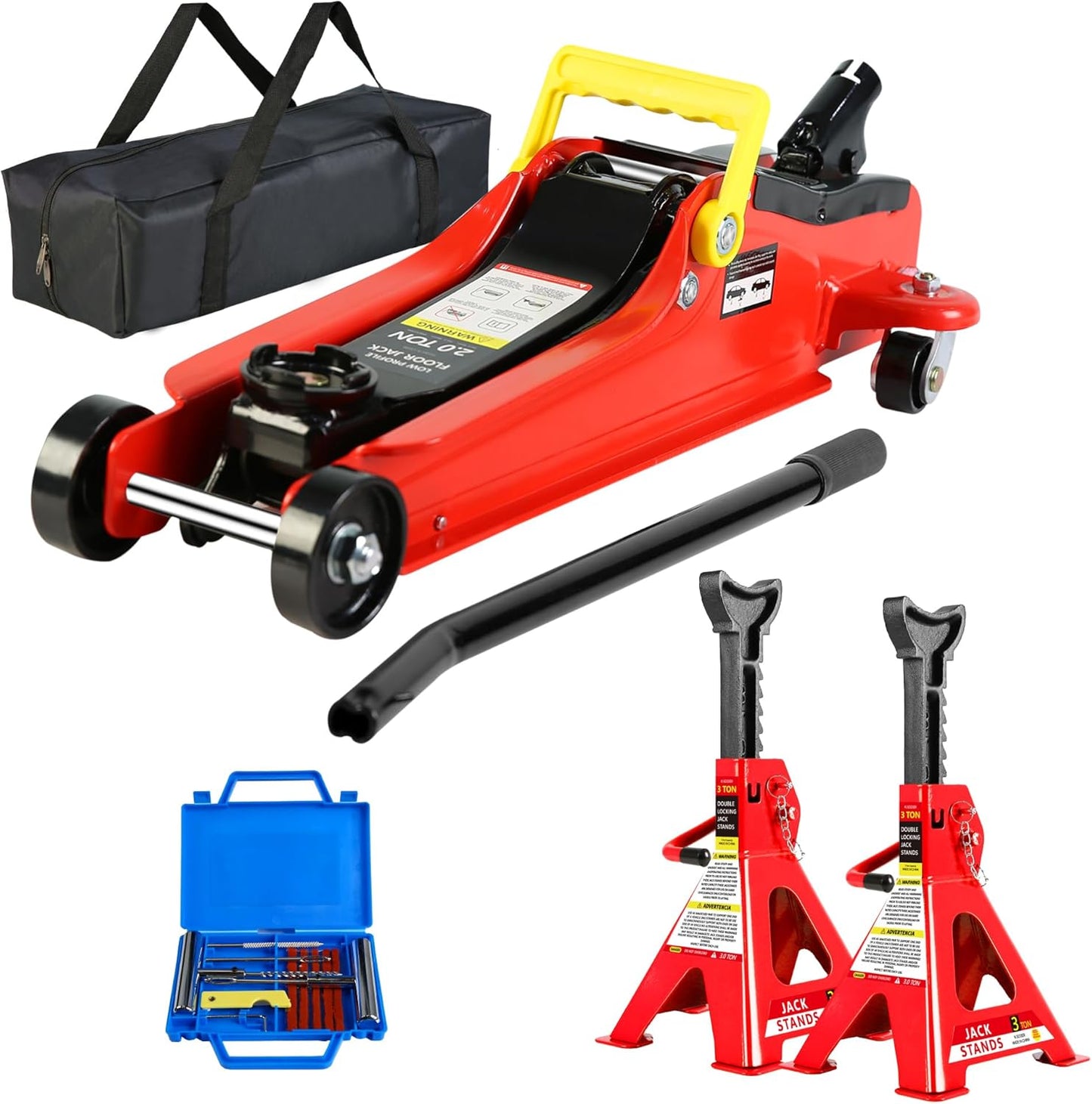 4 Piece Car Truck Floor Jack Service, Hydraulic Trolley Floor Jack & Jack Stands & Tire Repair Kit for Garage Shop DIY, Lifting Range 3.3"-15.2", Steel Car Jack 2 Ton/4000 LBS Capacity, Red