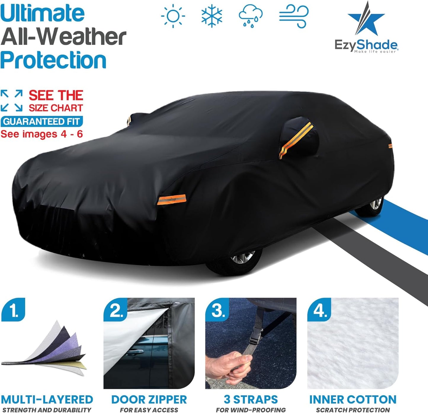 EzyShade 10-Layer Car Cover Waterproof All Weather. See Vehicle Size-Chart for Accurate Fit. Outdoor Full Exterior Covers for Automobiles Sedan Hatch. Rain Sun Snow. Black, Size A7 (See SizeChart)