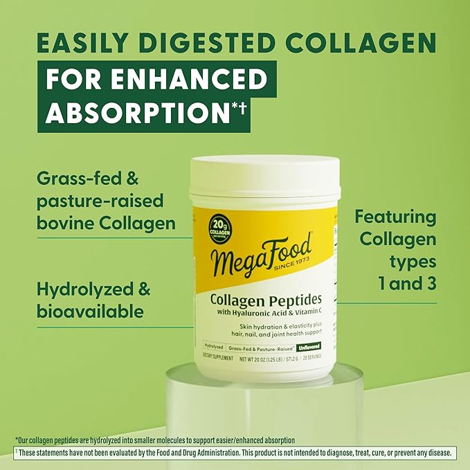 MegaFood Collagen Peptides for Women & Men - Unflavored Collagen Powder with Hyaluronic Acid & Vitamin C - Supports Skin Hair Nails & Joint Health - 20g Grass Fed Bovine Collagen - 20oz, 28 Servings