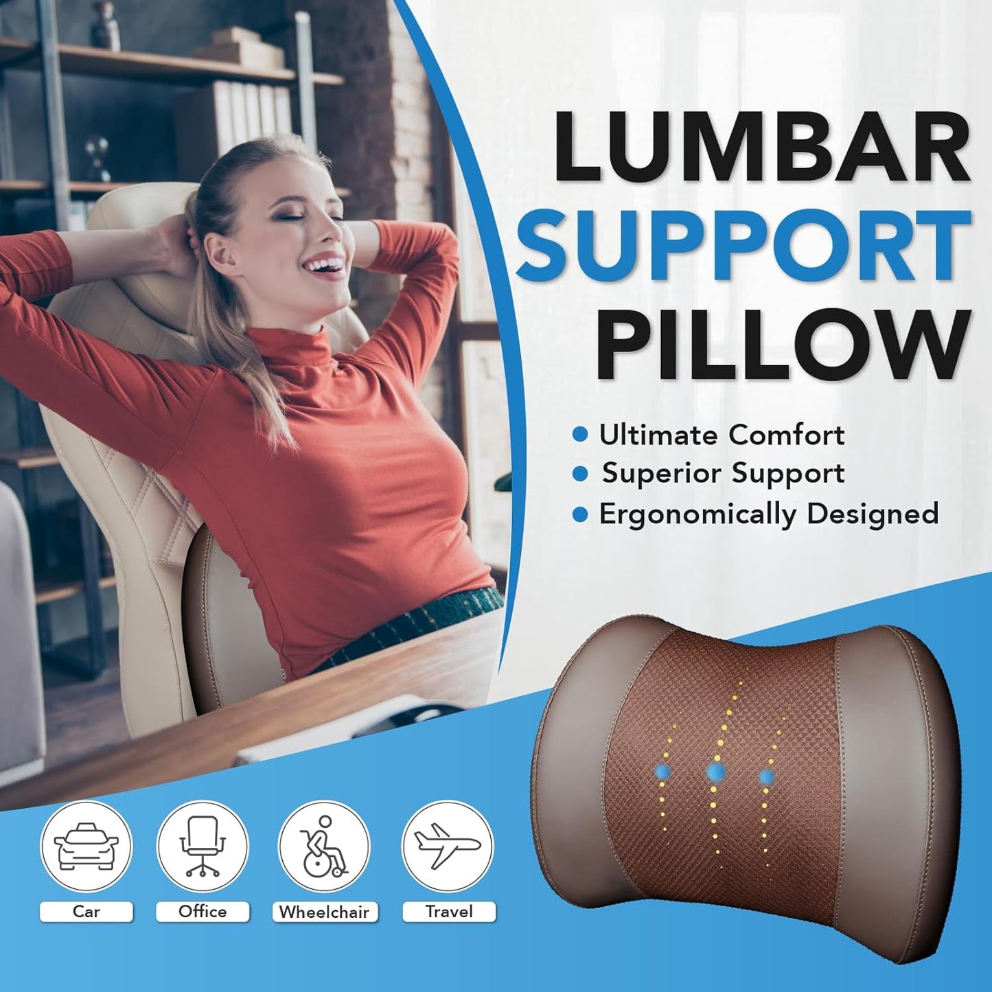 Lumbar Support Pillow for Car, Memory Foam Lumbar Pillow for Lower Back Pain Relief - Back Cushion for Driving, Chair Support for Car-Office Chair, Wheelchair - Brown