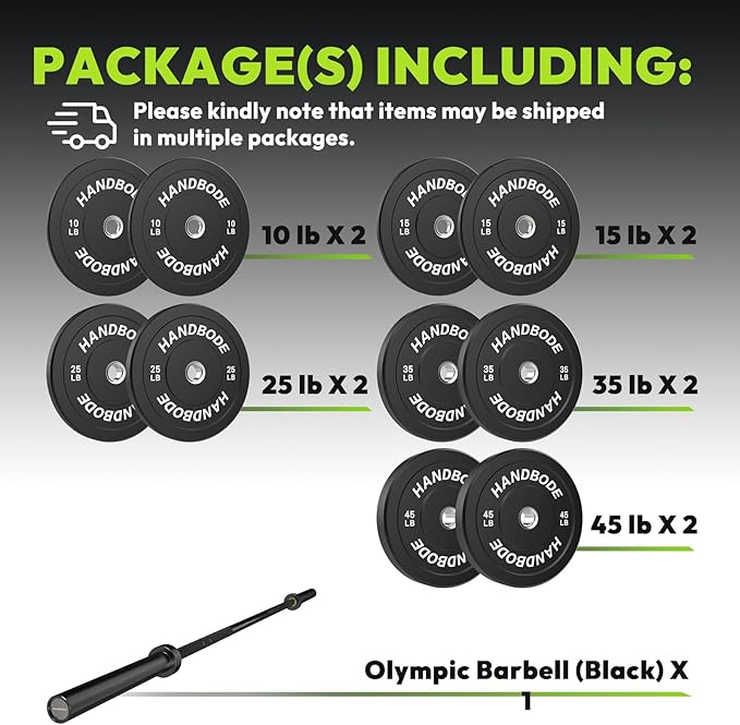 Olympic Bumper Plates Set 2 Inch, 10-55 lbs Rubber Weight Plates with 45 lb (20kg) Black/Silver Barbell, Strength Training & Weight Lifting for Home Gym