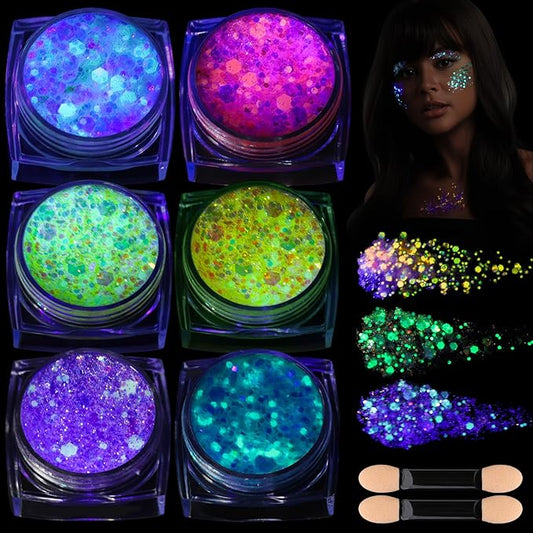 Teenitor 6 Colors Glow in The Dark Glitter Gel, Face Glitter Gel, Body Glitter Hair Glitter for Halloween Makeup UV Black Light Party Cheer Raves Festivals