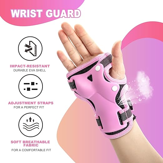 Knee Pads for Kids, Wrist Guards Knee and Elbow Pads Set with Drawstring Bag, Protective Gear Set for Girls Boys Roller Skating Cycling Skateboard - Pink Medium
